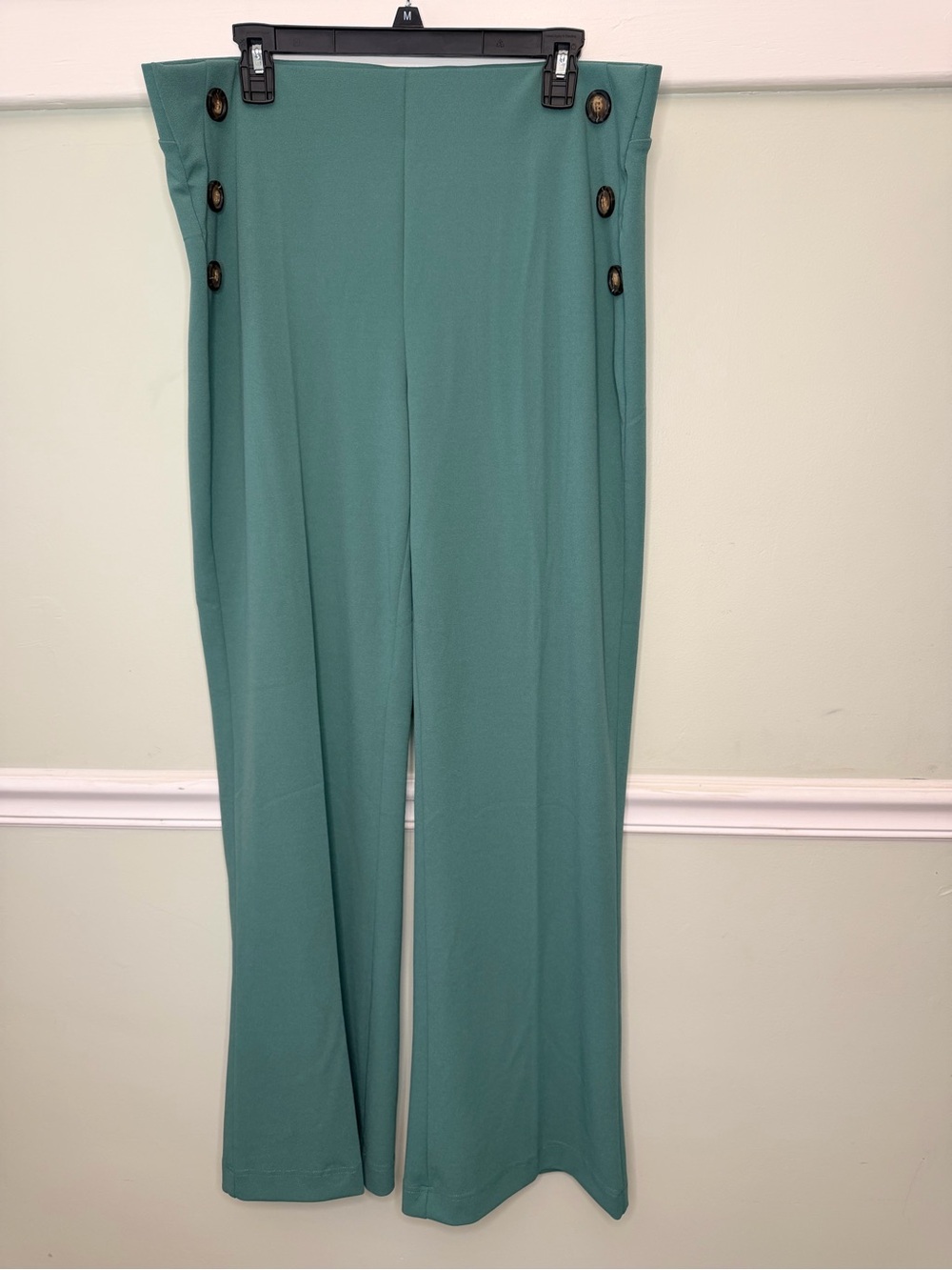 One5One Women’s High-Waist Wide-Leg Stretchy Pants Teal with Button Detail